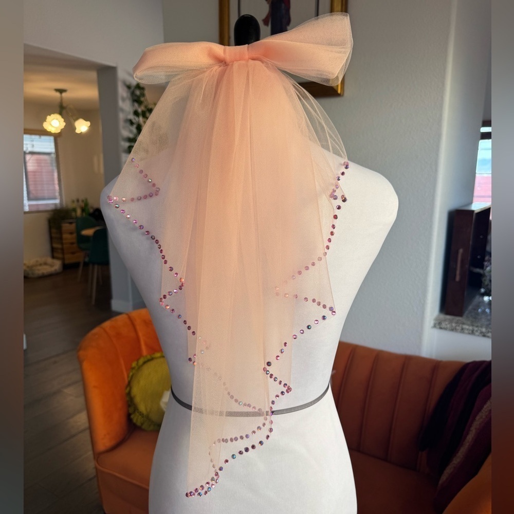 Peach Pink Bridal Veil with Bow and Rhinestones